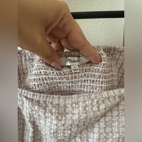 Madewell SEERSUCKER HOPEWELL PUFF-SLEEVE CROP TOP IN PLAID Lilac Purple Smocked - Picture 4 of 6